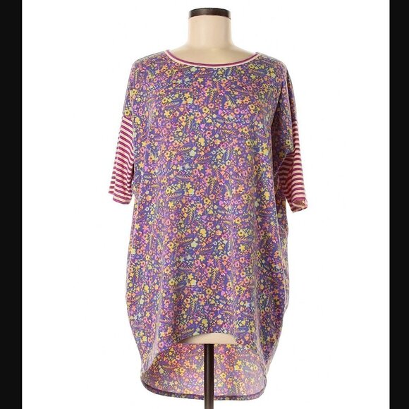 Lularoe Irma Tunic Top Purple Floral Pink Stripe Sleeve - Picture 1 of 10